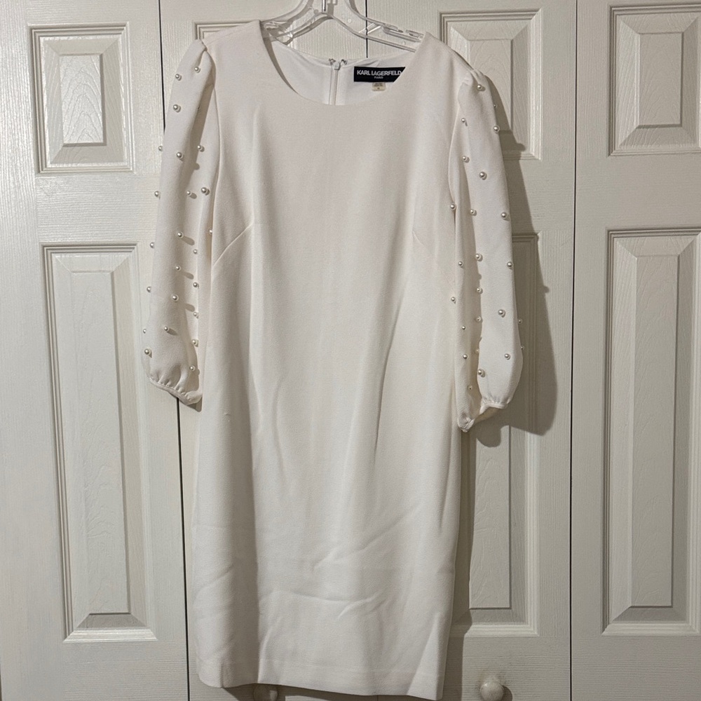 Karl Lagerfeld Cream Dress with Beaded Sleeves